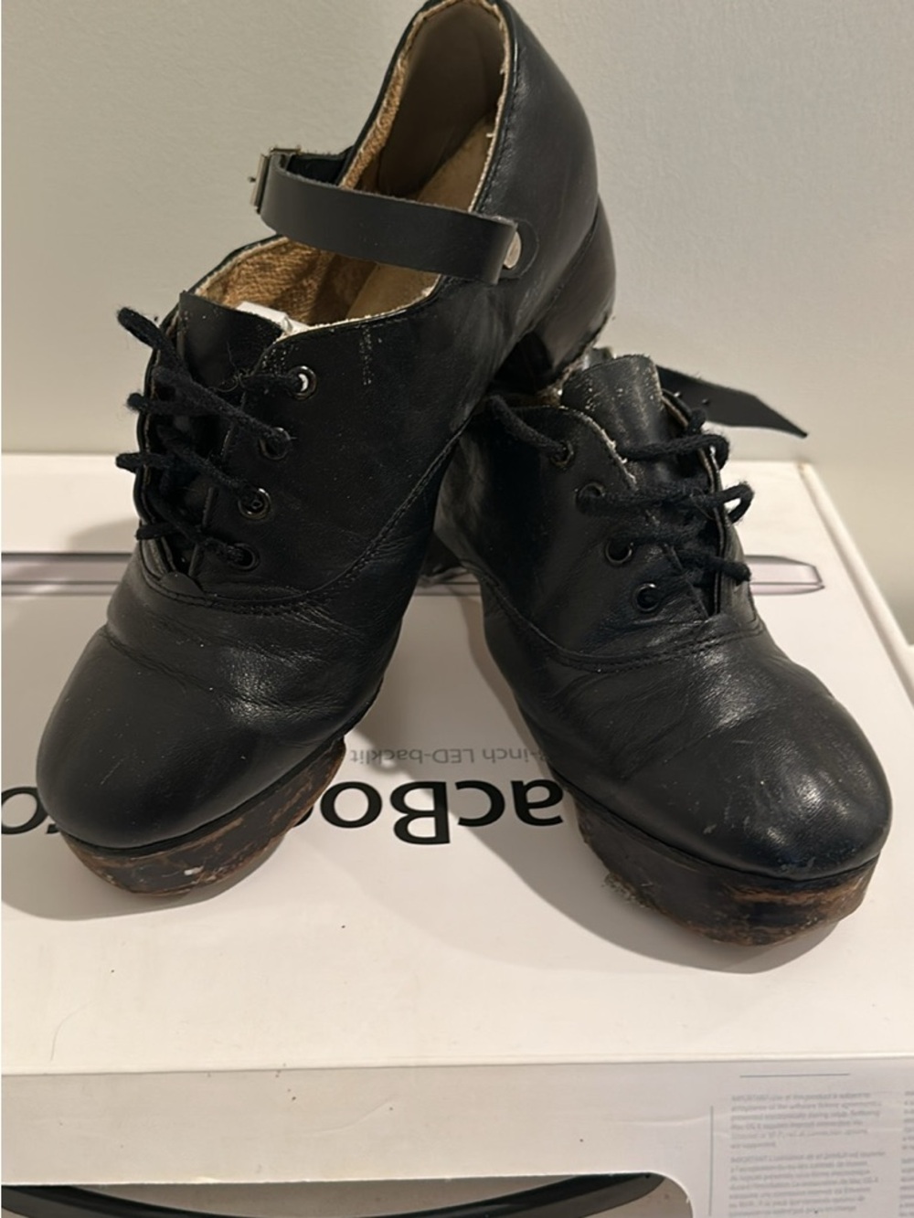 Women’s Black Leather Lace-Up Irish Step Dance Hard Shoes with Ankle Strap